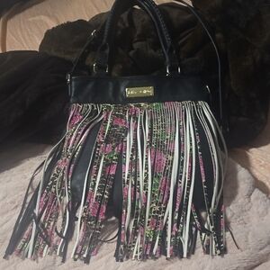 Betsey Johnson Black and Pink Fringe Crossbody Bag